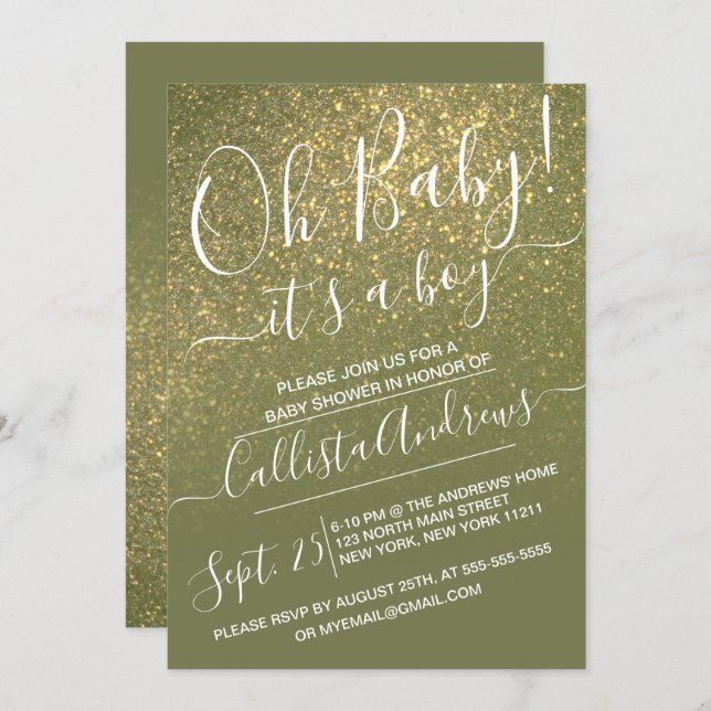 Chic Olive Green Sparkly Glitter Ombre Baby Shower Invitation (Front/Back)