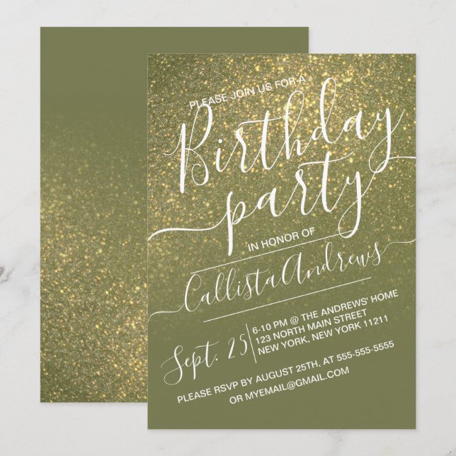 Chic Olive Green Sparkly Glitter Ombre Birthday Invitation (Front/Back)