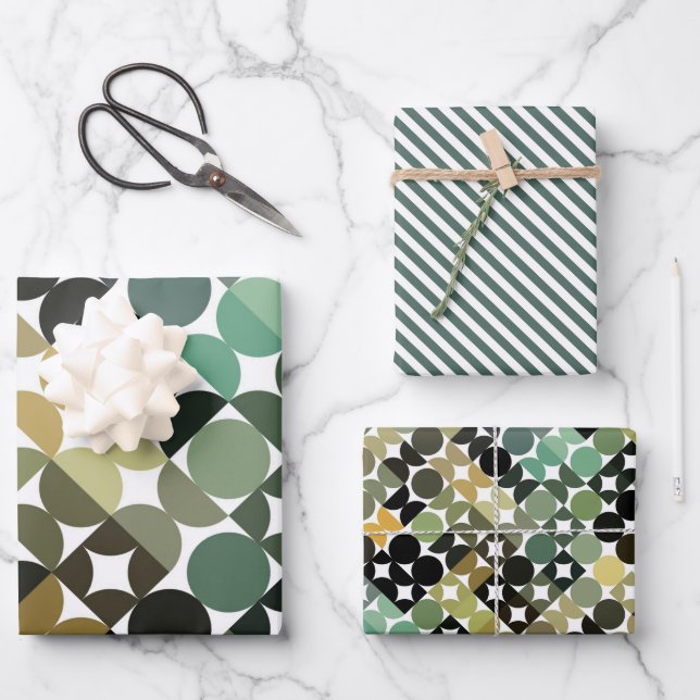 Chic Olive Green Taupe Beige Circles Art Pattern Wrapping Paper Sheets (Front)