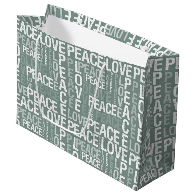Chic Olive Green White Peace Love Christmas Large Gift Bag (Front Angled)