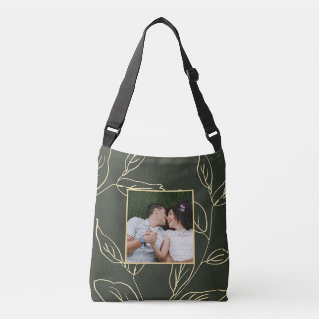Chic Olive Green with Faux Gold Botanical Photo Crossbody Bag (Front)