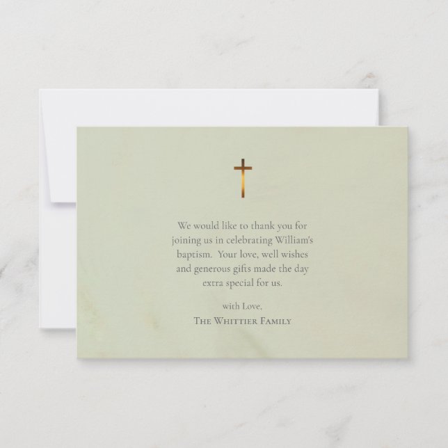 Chic Olive Roman Catholic Baptism Thank You Card (Front)