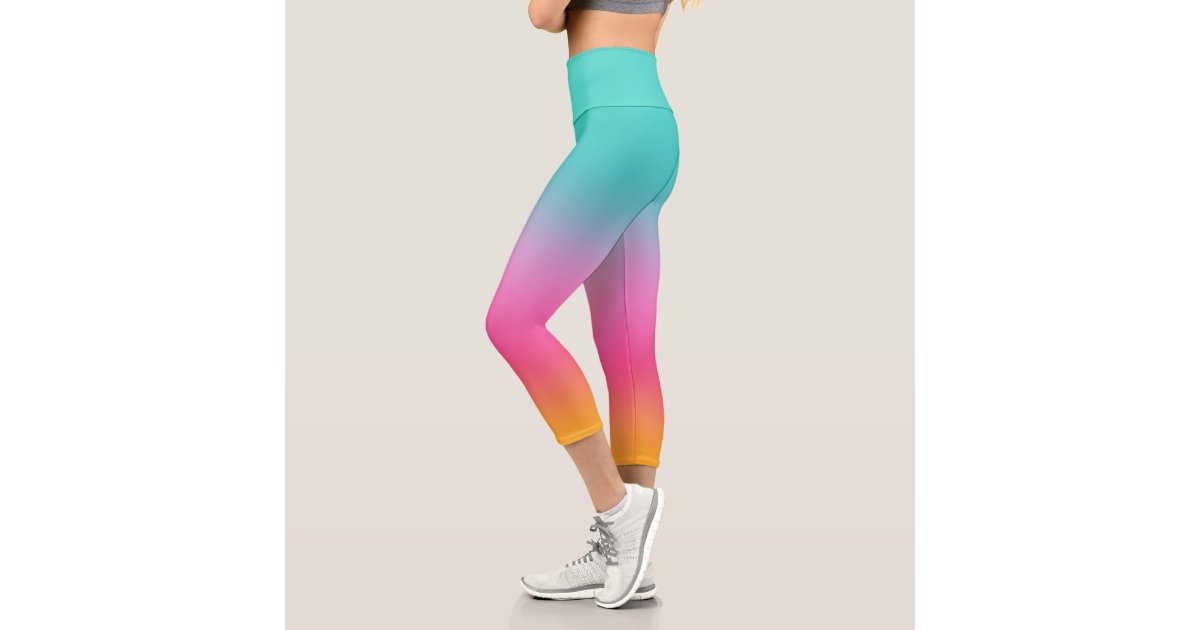 Chic Ombre Aqua Pink And Yellow Capri Leggings