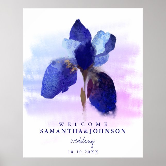 Chic Ombre Blue Iris Watercolor Floral Wedding Poster (Front)