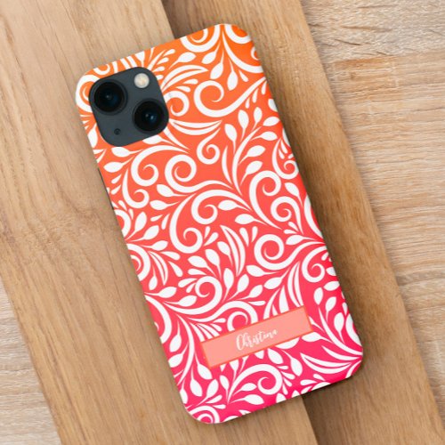 Chic Ombre Floral Pattern Elegant Name Pink Orange iPhone 13 Case
