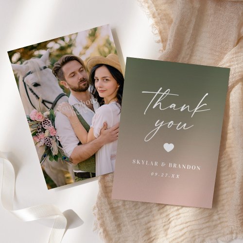 Chic Ombre Forest Green  Blush Pink Wedding Thank You Card