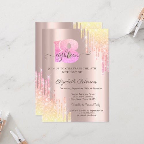  Chic Ombre Glitter Drips Rose Gold 18th Birthday  Invitation