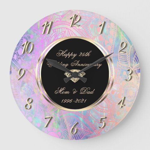 Chic Ombre Gold Mandala 25th Wedding Anniversary Large Clock