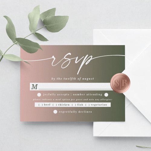 Chic Ombre Green  Blush Pink Wedding Meal Choice RSVP Card