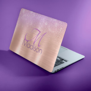 Chic ombre pink rose blush glitter monogram HP laptop skin