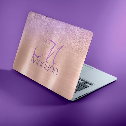 Chic ombre pink rose blush glitter monogram HP laptop skin