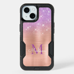 Chic ombre pink rose blush glitter monogram iPhone 15 case