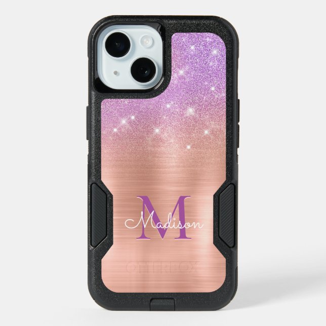 Chic ombre pink rose blush glitter monogram iPhone 15 case (Back)