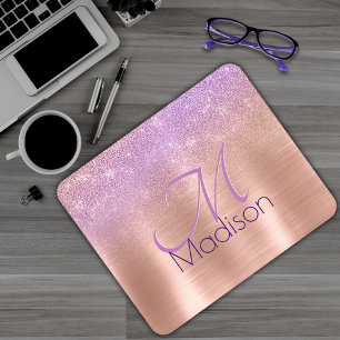 Chic ombre pink rose blush glitter monogram mouse pad