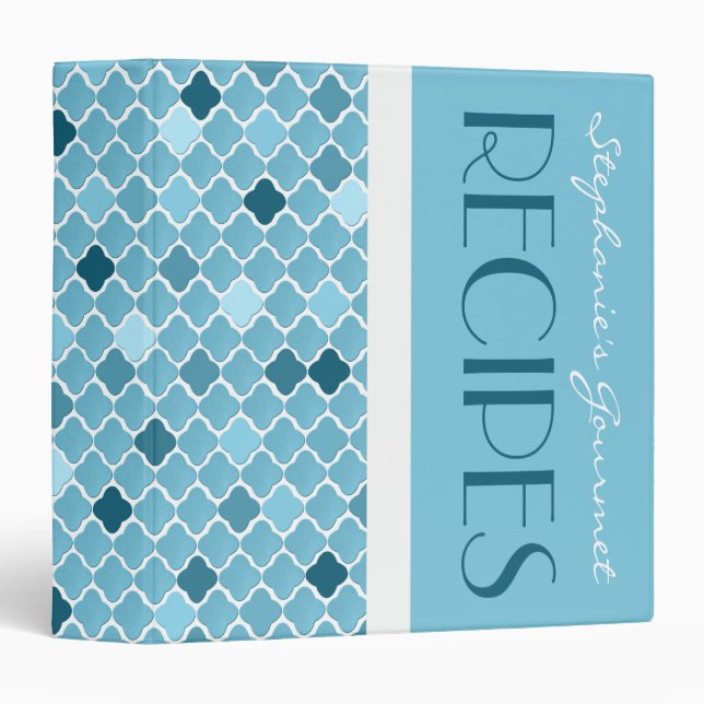 Chic Ombre Quatrefoil Pattern Recipe Binder - Blue (Front/Spine)