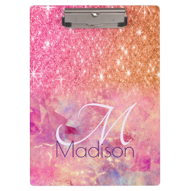 Chic ombre rose blush pink glitter monogram clipboard (Front)
