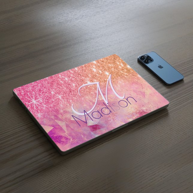 Chic ombre rose blush pink glitter monogram HP laptop skin (Creator Uploaded)