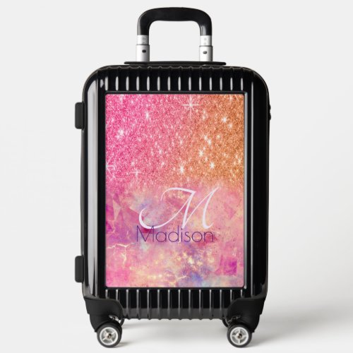 Chic ombre rose blush pink glitter monogram luggage