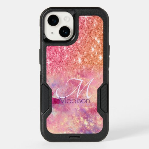 Chic ombre rose blush pink glitter monogram OtterBox iPhone 14 case