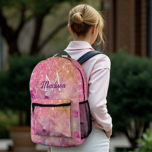 Chic ombre rose blush pink glitter monogram printed backpack
