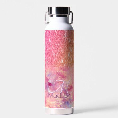 Chic ombre rose blush pink glitter monogram water bottle