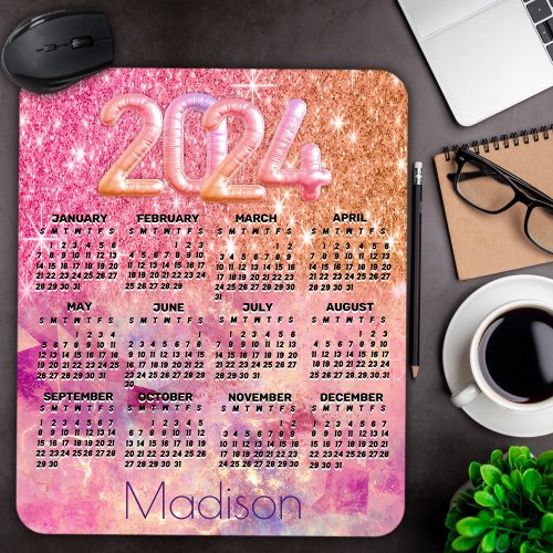 Chic ombre rose gold 2024 monogram calendar mouse pad