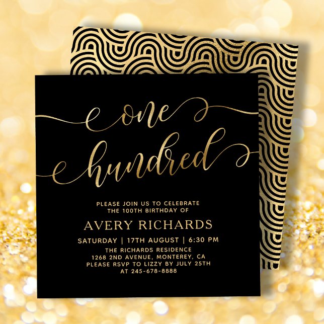 Chic One Hundred Script Black Gold 100th Birthday Invitation (Creator Uploaded)
