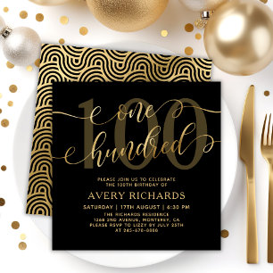 Chic One Hundred Script Black Gold 100th Birthday Invitation