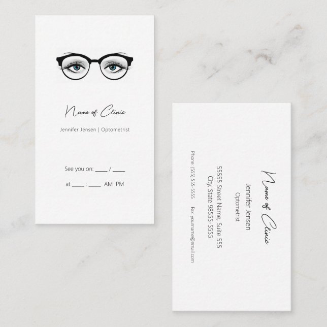 Chic Optometrist Blue Eyes Glasses Appointment Business Card (Front/Back)