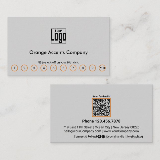 Chic Orange Accents Logo Social Media QR Code Loyalty Card (Front/Back)