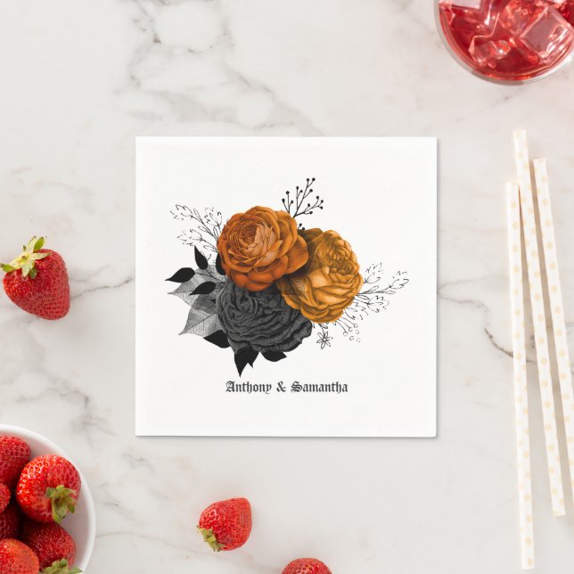 Chic Orange and Black Gothic Wedding Elegance Napkins (Insitu)