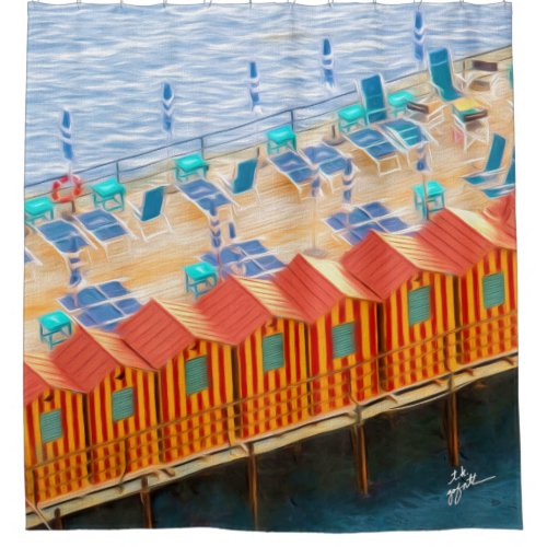 Chic Orange and Blue Cabanas Beach Style Shower Curtain