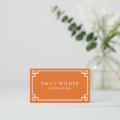 Chic Orange and White Greek Key Business Card (Standing Front)