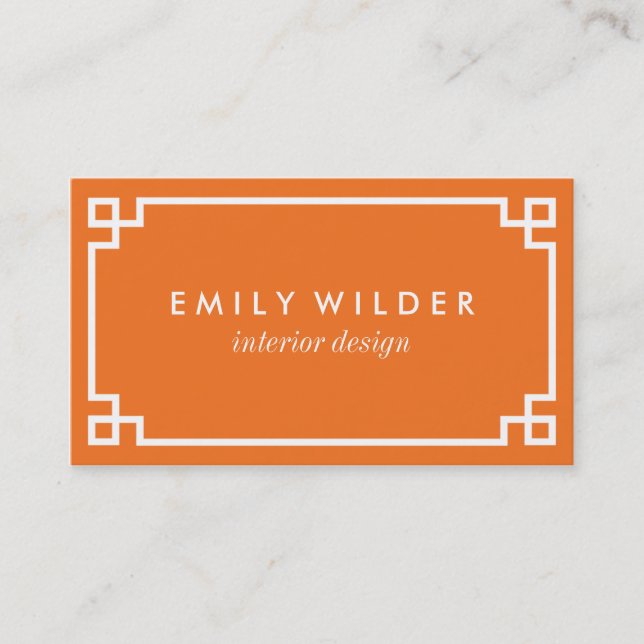 Chic Orange and White Greek Key Business Card (Front)