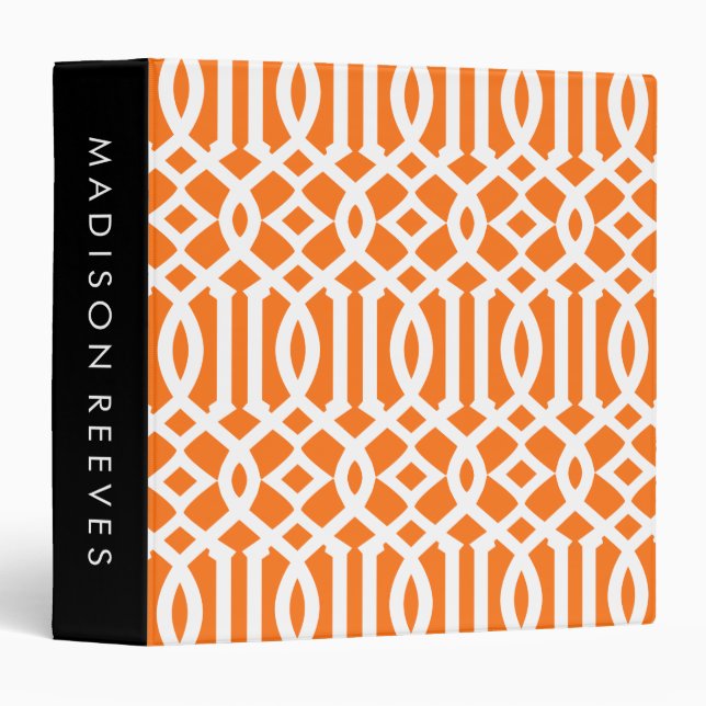 Chic Orange and White Trellis Custom Monogram 3 Ring Binder (Front/Spine)