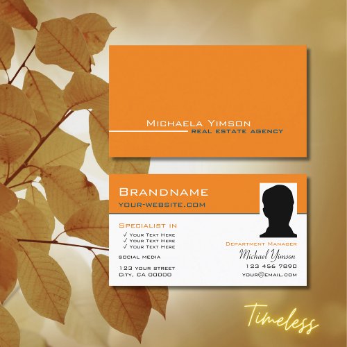 Chic Orange and White with Photo Professional Business Card