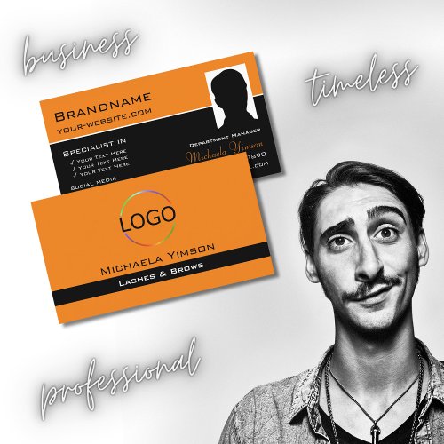 Chic Orange Black with Logo and Photo Professional Business Card