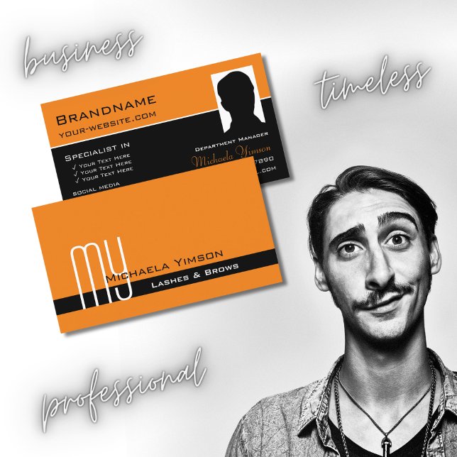Chic Orange Black with Monogram and Photo Classic Business Card (Creator Uploaded)