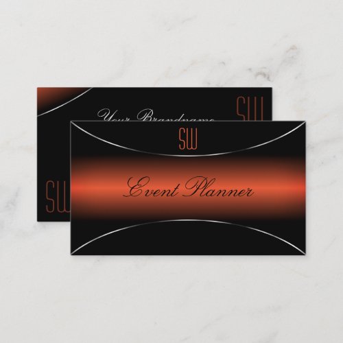 Chic Orange Black with Silver Border and Monogram Business Card