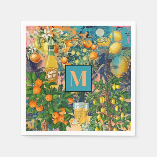 Chic orange blue turquoise sicilian citrus collage napkins (Front)