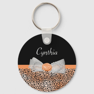 Chic Orange Cheetah Print Cute Rose Bow and Name Keychain