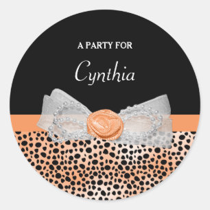 Chic Orange Cheetah Print Cute Rose Bow Party Name Classic Round Sticker