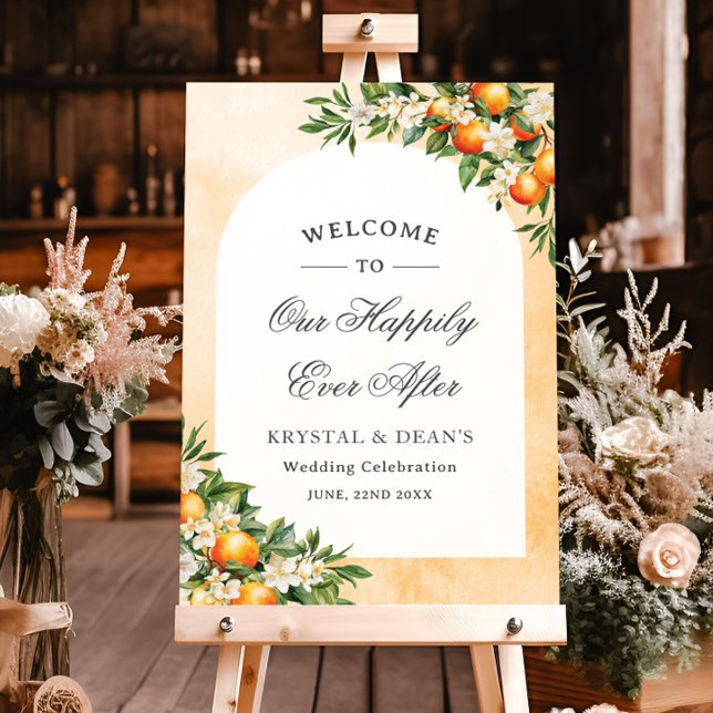 Chic Orange Citrus Fruits Orchard Wedding Welcome Foam Board (orange fruit trees orchard farmhouse outdoor wedding welcome sign board)