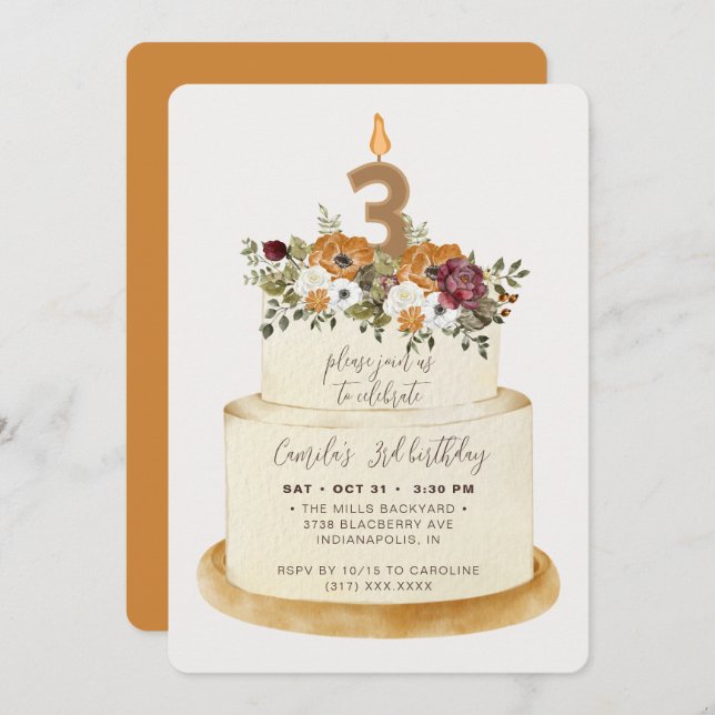 Chic Orange Fall Autumn 3rd Birthday Cake Invitation (Front/Back)