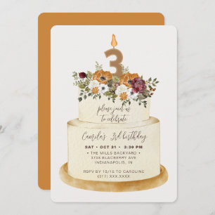 Chic Orange Fall Autumn 3rd Birthday Cake Invitation