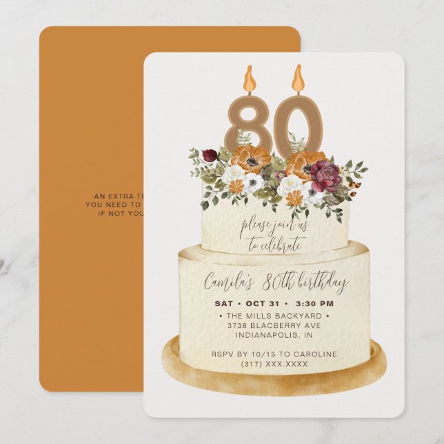 Chic Orange Fall Autumn 80th Birthday Cake Invitation (Front/Back)