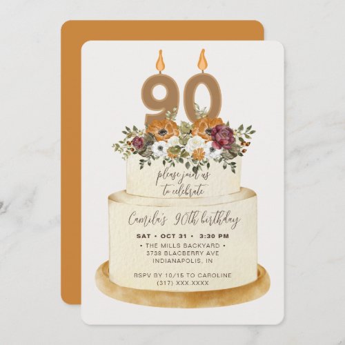 Chic Orange Fall Autumn 90th Birthday Cake Invitation