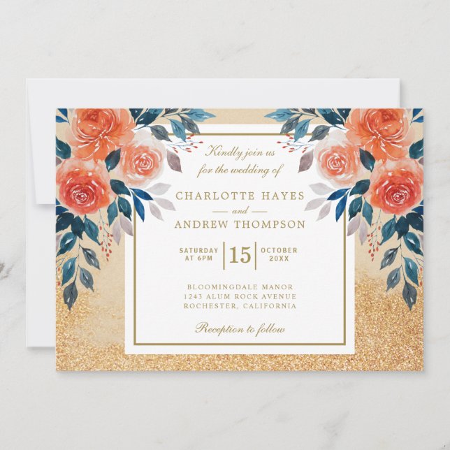Chic Orange Floral Watercolor Wedding Invitation (Front)
