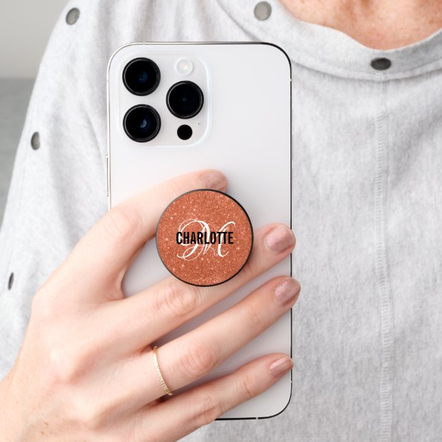 Chic orange glitter monogram name PopSocket (Hand)