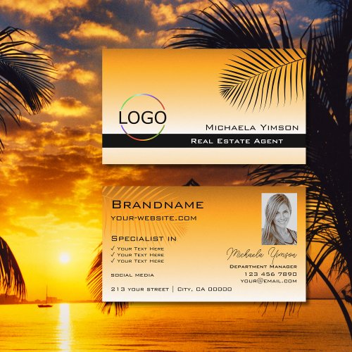 Chic Orange Gradient Palm Leaf Logo and Photo Business Card